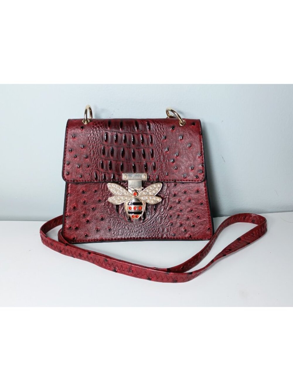Versona Faux Croc Beaded Bee Shoulder Handbag Red Textured Rhinestone Faux Pearl